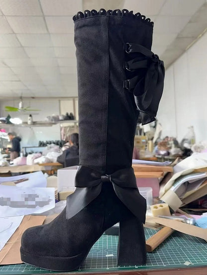Boots Bow Accents High Heel Zipper Suede Black Inner Block Side with Elegant Lolita