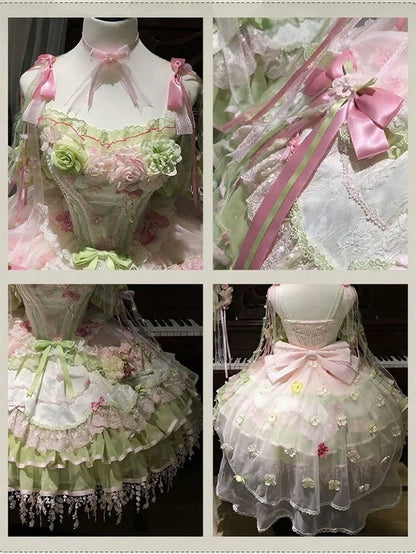 Sweet Lolita JSK Set with Floral Crown and Detachable Sleeves - Sweetheart Macaron Lolita