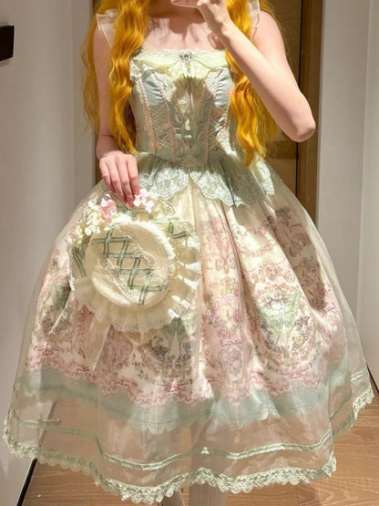 JSK Moth and with Green Pink Overlay Print Floral Dress Lolita Elegant