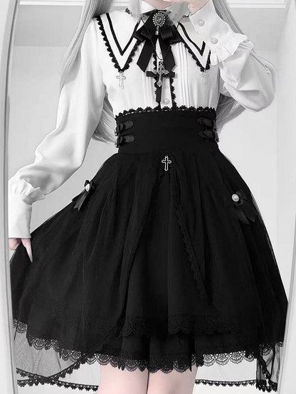 Long Sleeve Details + Bow Tulle Jirai Blouse Skirt High-Waist with White Gothic Train Cross Set Kei Black Lace