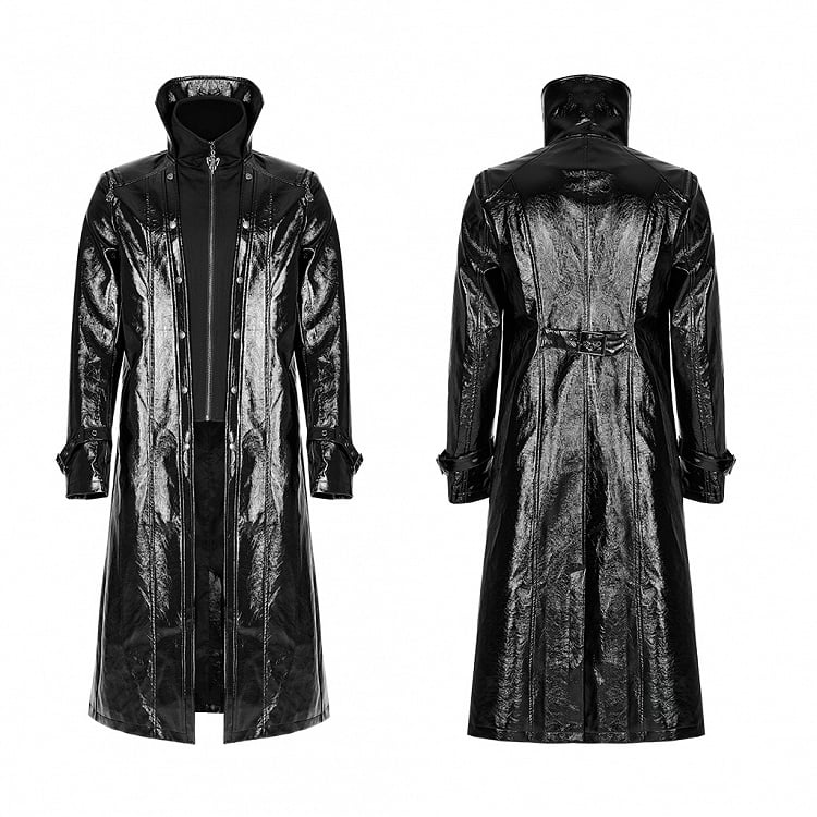 Black Men's Gothic Patent Leather Long Coat