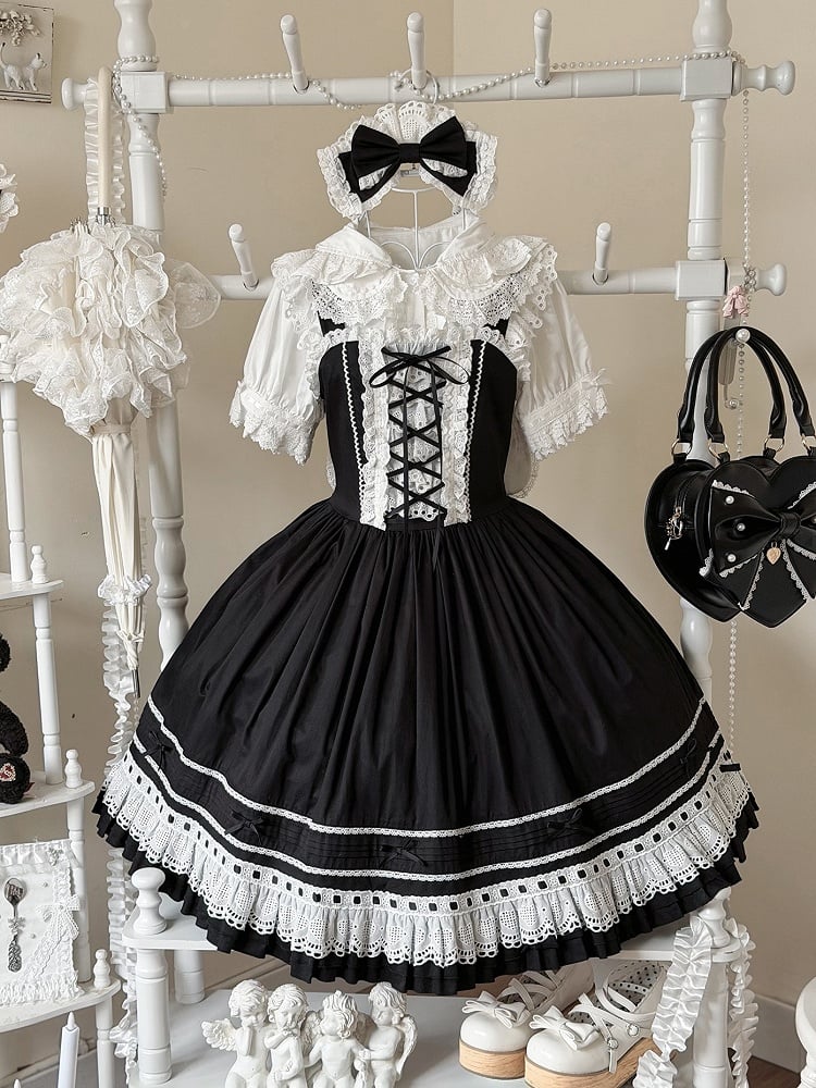 Black Lace-Up Lolita Jumper Skirt with Ruffled Hem