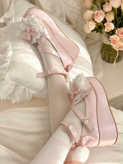 With Platforms Ear Bow Bunny Crisscross Decorated Pompon PinkWhite Design Plush Top at