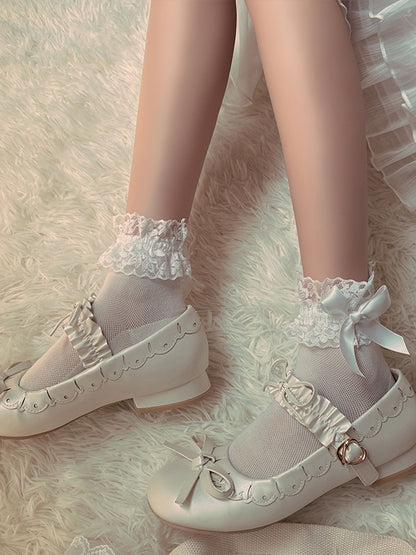 Cotton Socks Bow Breathable White Creamy Lace Trim Decorated