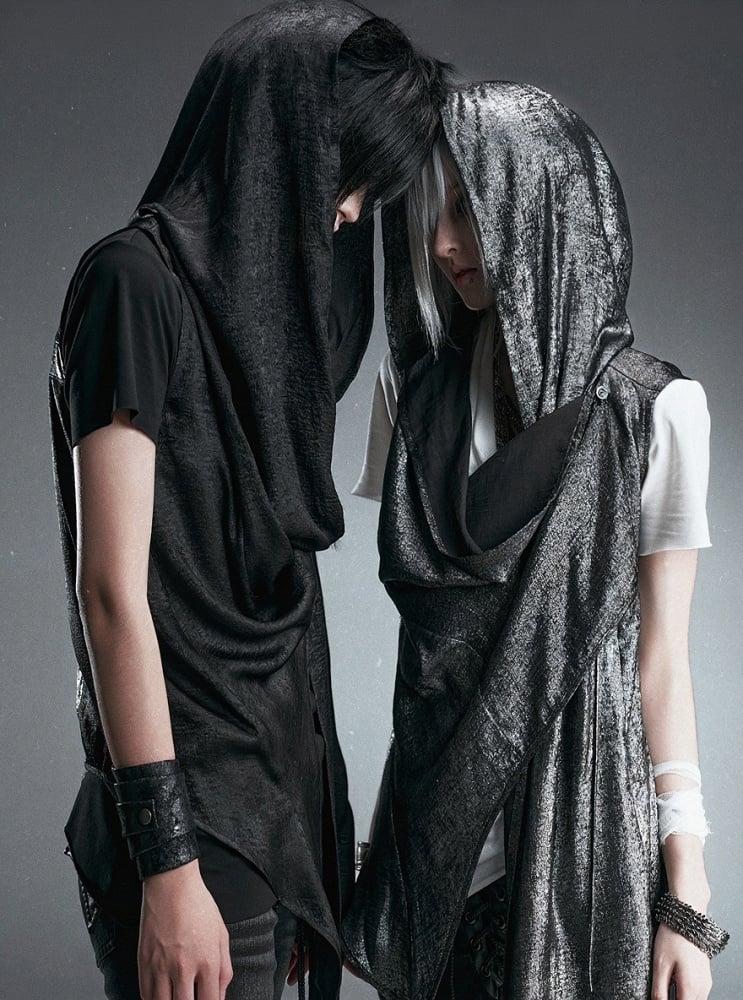 Black Hooded Vest with Asymmetrical Neckline & Cross Design at Back - CroixDragon
