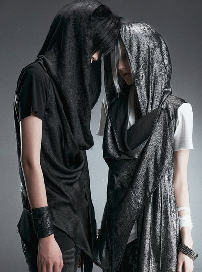 Black Hooded Vest with Asymmetrical Neckline & Cross Design at Back - CroixDragon
