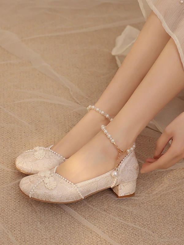 Frog Beige Accent Strap Ankle Qi Beaded Lolita Shoes Button Mid-heel