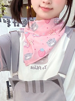 Print Pink Strawberry Cute Cat and Square Scarf