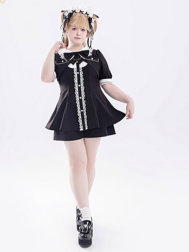 Shorts Bow Sleeve Set: Black Two-Piece Short Kei with Detachable and Jirai Faux Top Brooch