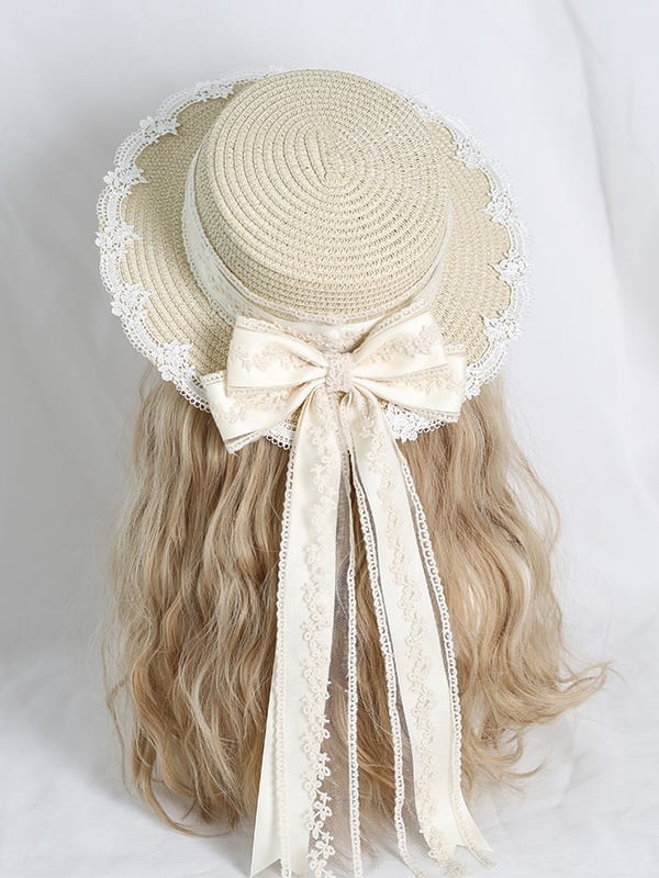 Kei Mori Country Detachable Bowknot With Lolita Straw Hat Lace Beige Ribbon