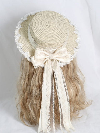 Kei Mori Country Detachable Bowknot With Lolita Straw Hat Lace Beige Ribbon