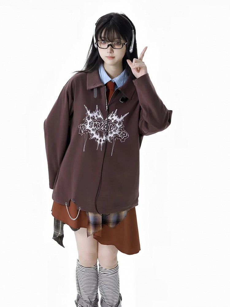 Sweatshirt mit Kragen und Grafik, braun, Polokragen, Schnallenriemen-Ausschnitt