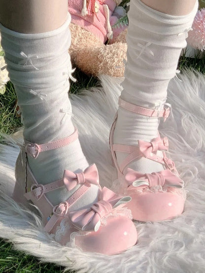 Heart - Sweet Design Mary Pink Kitten Lolita Mid-Heel Heel Janes Crisscross Snap with