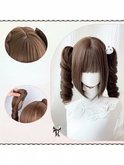 Toffee 55cm Bob with Full Fringe & Double Spiral Curly Clip-On Ponytails - Meow Island Wig