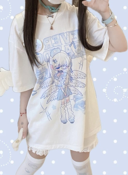 自来也景 グラフィック カワイイスリーブ Tシャツ 闇青白天使の翼