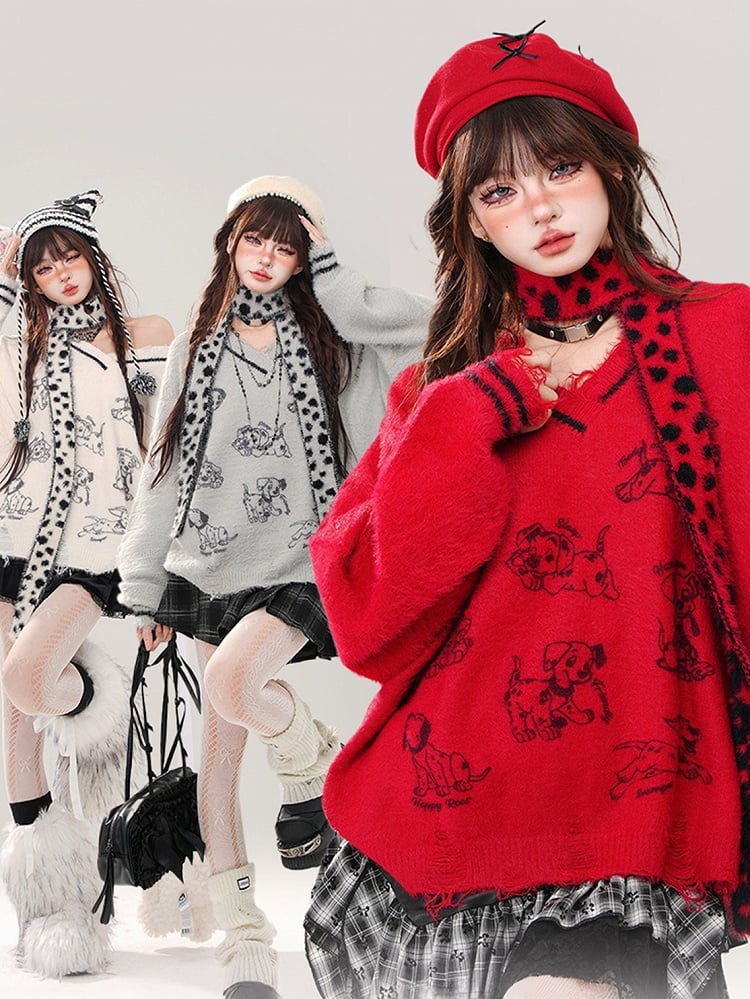 Grauer, lockerer Pullover mit V-Ausschnitt und kostenlosem Schal