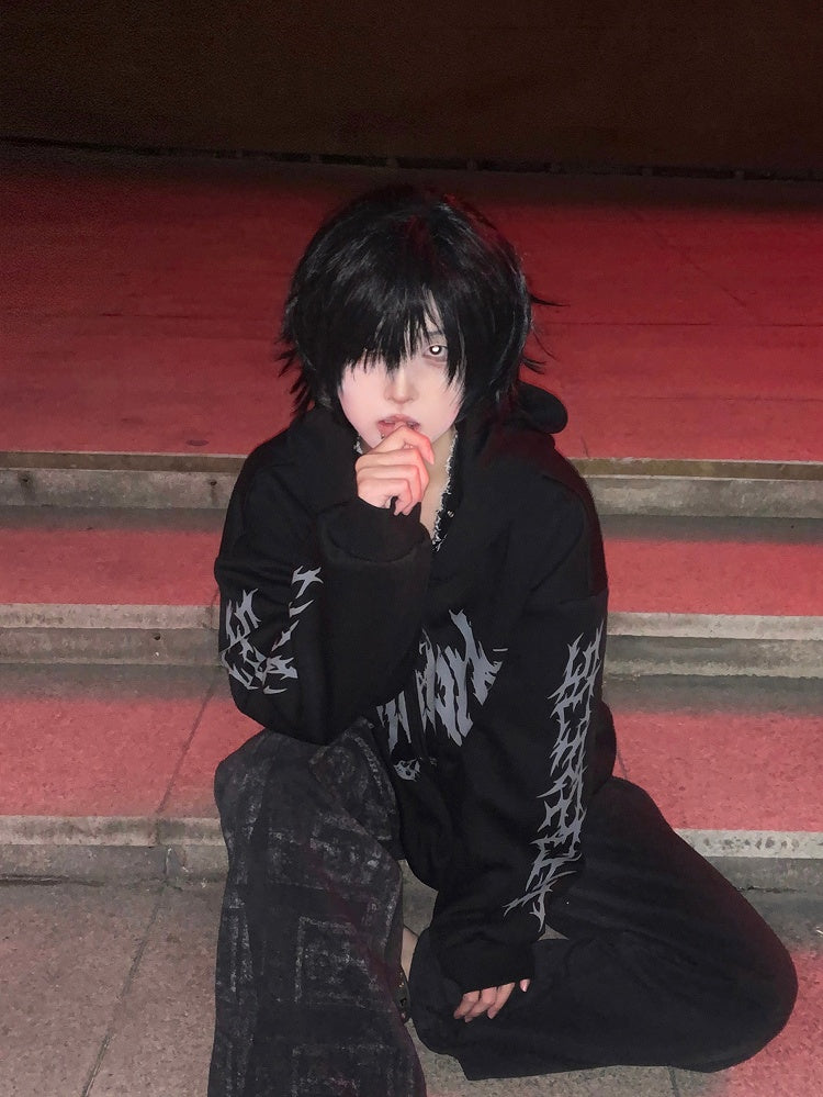 Regular/Thicken Print Hoodie Gothic Black Wing with Zip-Up Skeletal