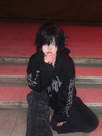 Regular/Thicken Print Hoodie Gothic Black Wing with Zip-Up Skeletal
