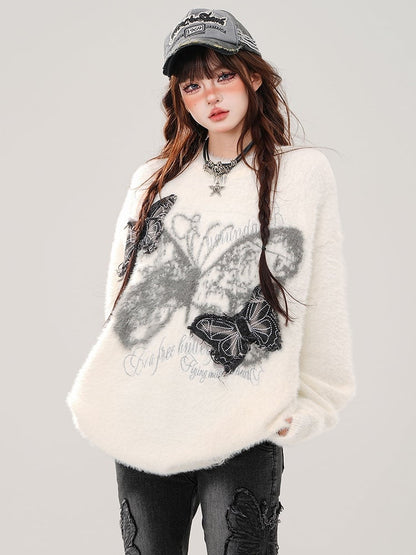 White Denim Butterfly Appliques Mohair Loose Sweater