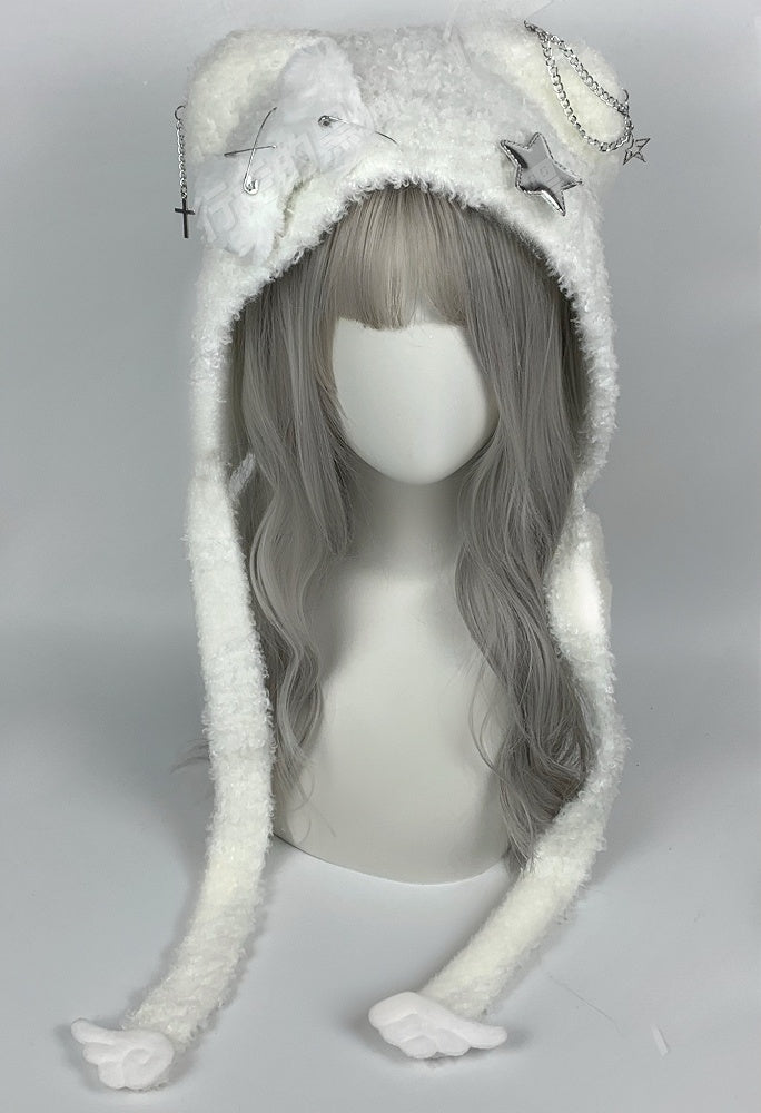 Black/White Cross Pins Wings Bear Ear Plush Hat