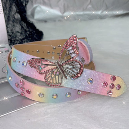 Belt Rhinestone White/Colorful Design Butterfly Decorated Waist
