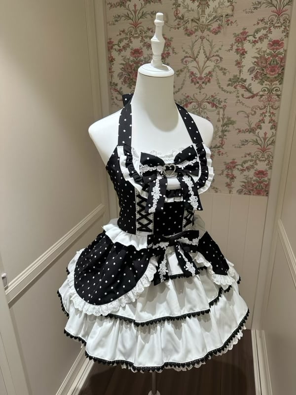Black and White Polka Dot Elegant Halter Neck Dress / Black Peter Pan Collar Semi-Sheer Tulle Blouse