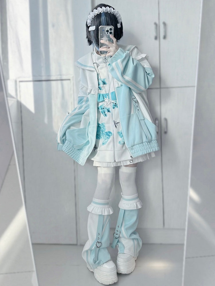 Sweatshirt mit Reißverschluss und Kragen, weißgrün, Kei-Verschluss, Jirai-Jacke, Matrose