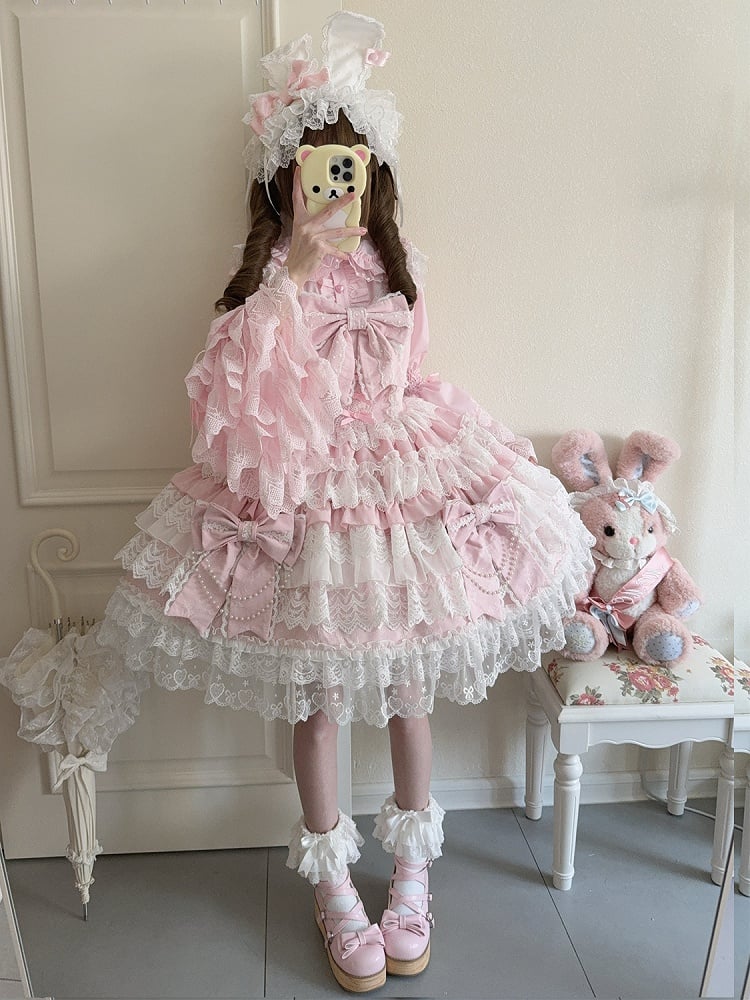 Decoration Tiered Lolita Chain Skirt Hanayome Bead Bows Big Pink Dress
