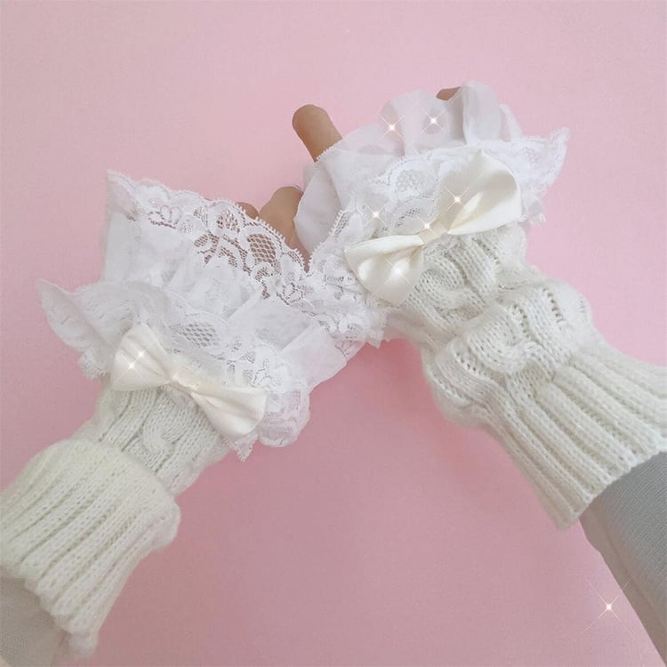 Rosa/Weiß/Schwarz Spitzenbesatz Schleife Gestrickte Abgesetzte Ärmel