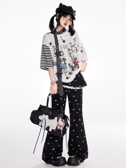 T-Shirt Loose Y2K Graffiti Print Rundhals Grau/Weiß