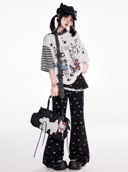 リボンプリントフレアパンツ ブラック ゴムウエスト オールオーバー