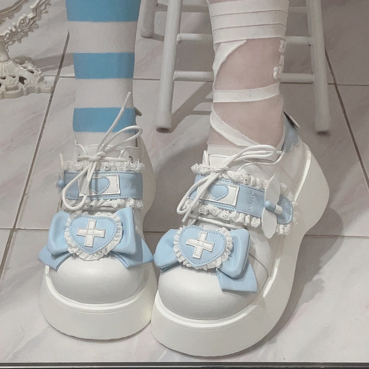 Tenshi Kaiwai Light Blue Yami Kawaii Cross Bowknot Lace-up Detail Platform Shoes