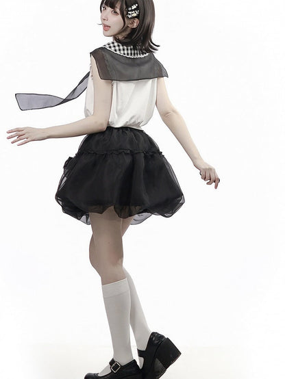 White Gingham Peter Pan Collar Tank with Cartoon Print - PINK SAVIOR