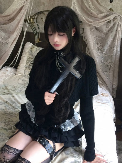 Shawl Curved Hem Sweater Button-Front Black with Detachable