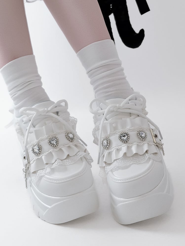 Lacing Crystal Kei Heart Back Jirai Shoes - Platform White