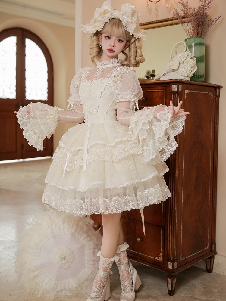 Korsett Stufenkleid Lolita Rock Weiß Creme Prinzessin