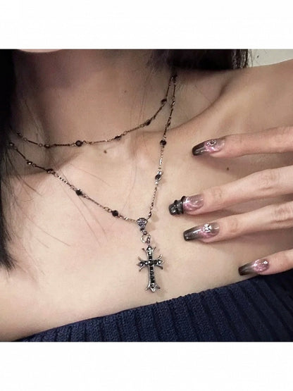 Black Cross Pendant Necklace with Beads - YSHXS