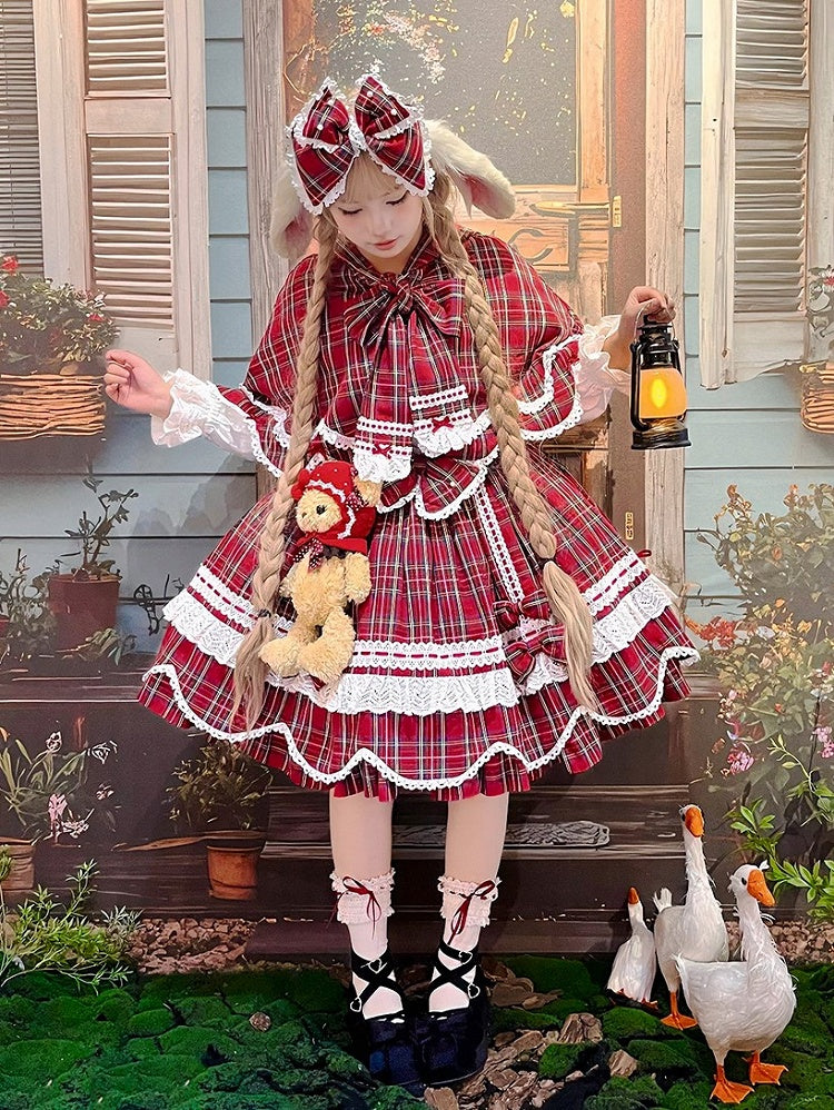 and Plaid Bunny Ears Red Cape Hooded with Petal-like Trim