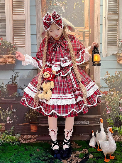 and Plaid Bunny Ears Red Cape Hooded with Petal-like Trim