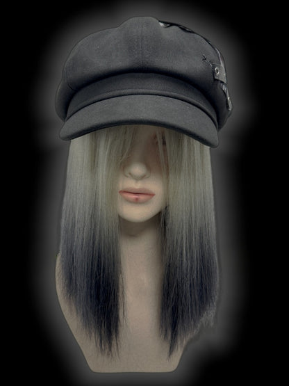 Y2K Black Criss-cross Straps Goth Girl Applique Punk Beret