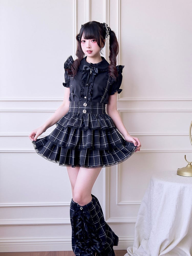 Black White Plaid Overalls with Detachable Straps - No Genki