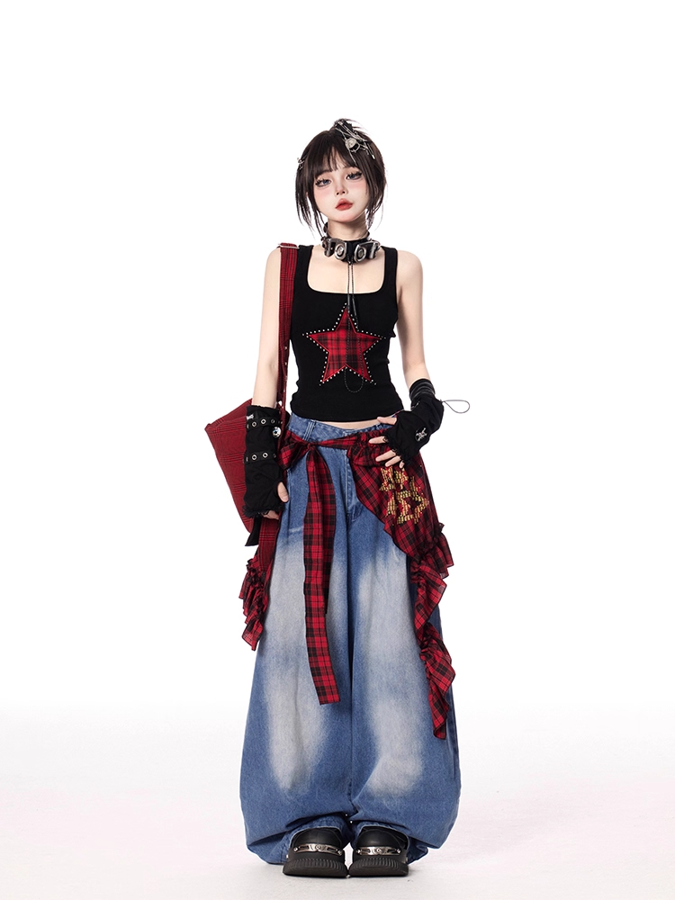 ブルーのアクセサリー付きワイドレッグジーンズ、チェック柄、フェードウォッシュ、ヴィンテージレッド、ライズ、ウエストロー