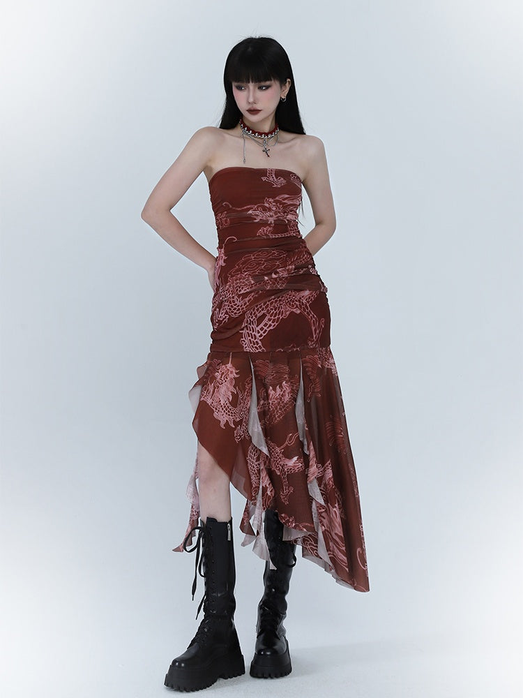 Red Dragon Print Asymmetrical Hem Slim-fitting Dress