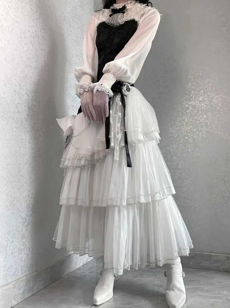 クラシックなJSK、エレガントなレイヤードフルチュール、スリムボディス、ジャカードヘム、ホワイトロリータ、ブラックフィット、フローラルセット