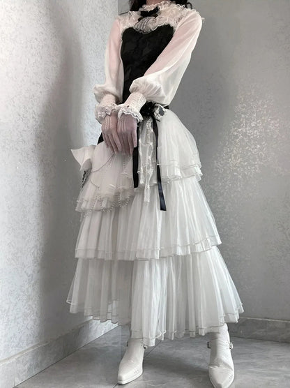 クラシックなJSK、エレガントなレイヤードフルチュール、スリムボディス、ジャカードヘム、ホワイトロリータ、ブラックフィット、フローラルセット