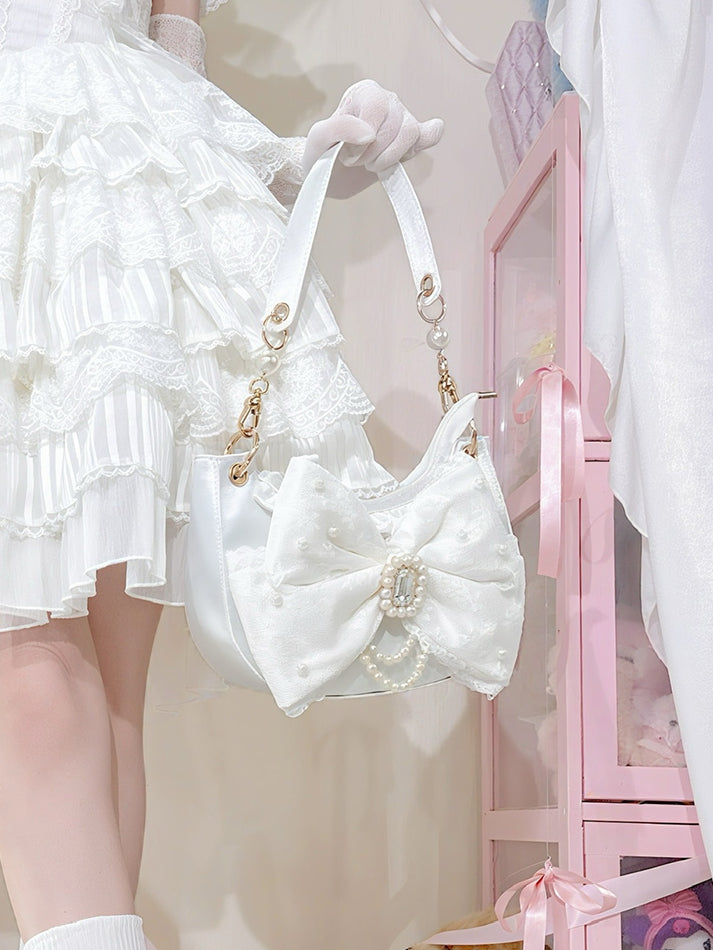 Sweet Lolita Satin Shoulder Bag with Sparkling Beaded Bow - Sheep Puff Bag