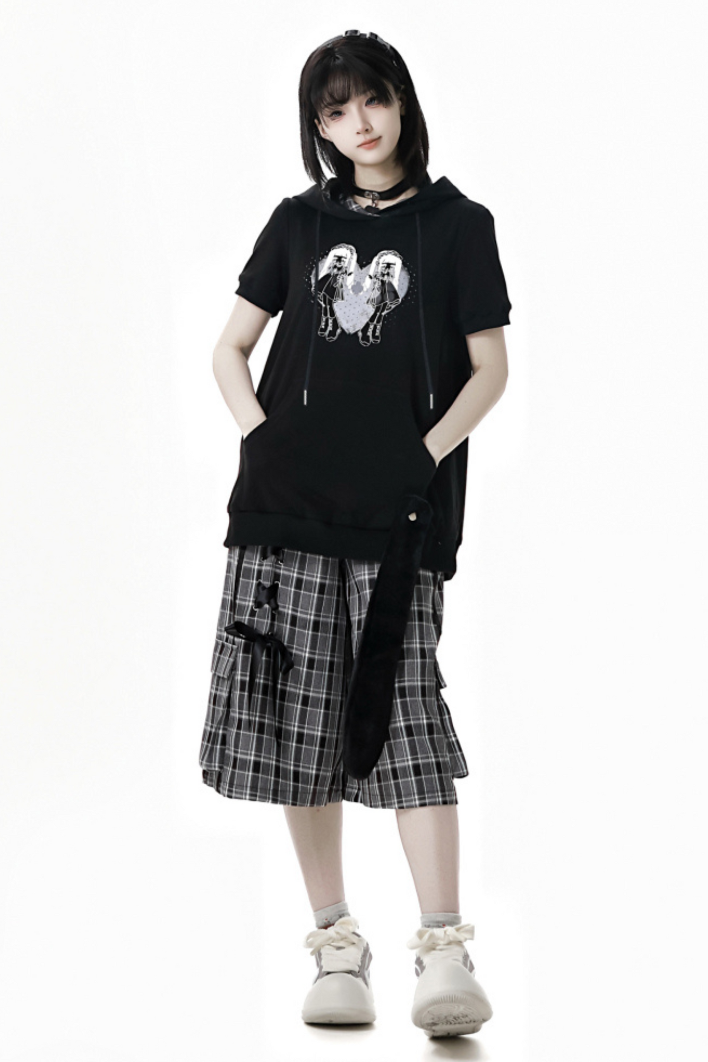 + ハーフチェックフード付きトップスパンツシャツ