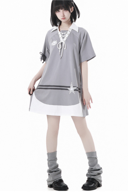 フード付きスカート レースアップトップス + ゆったりTシャツバルーン