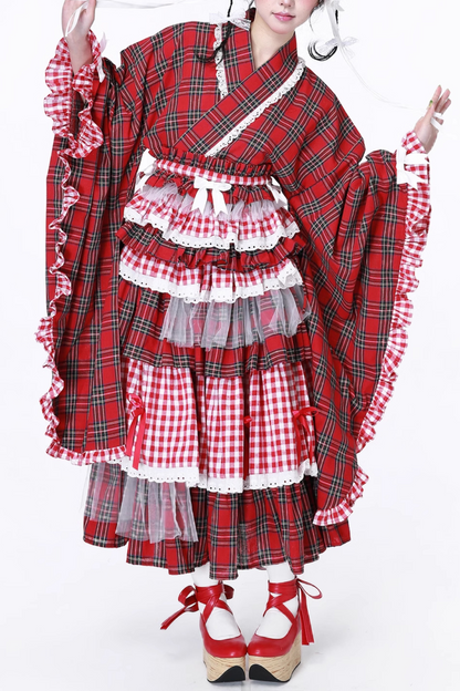 Schicker Kimono Rot Karierter Rock Retro