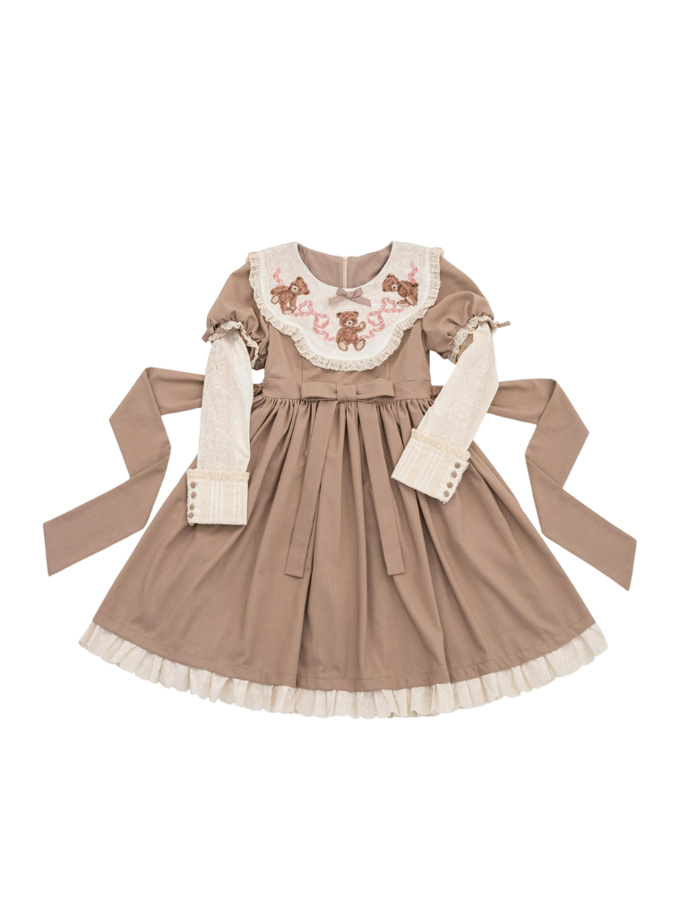 ロリータテディベアフラップレースパフスリーブリボンデレス